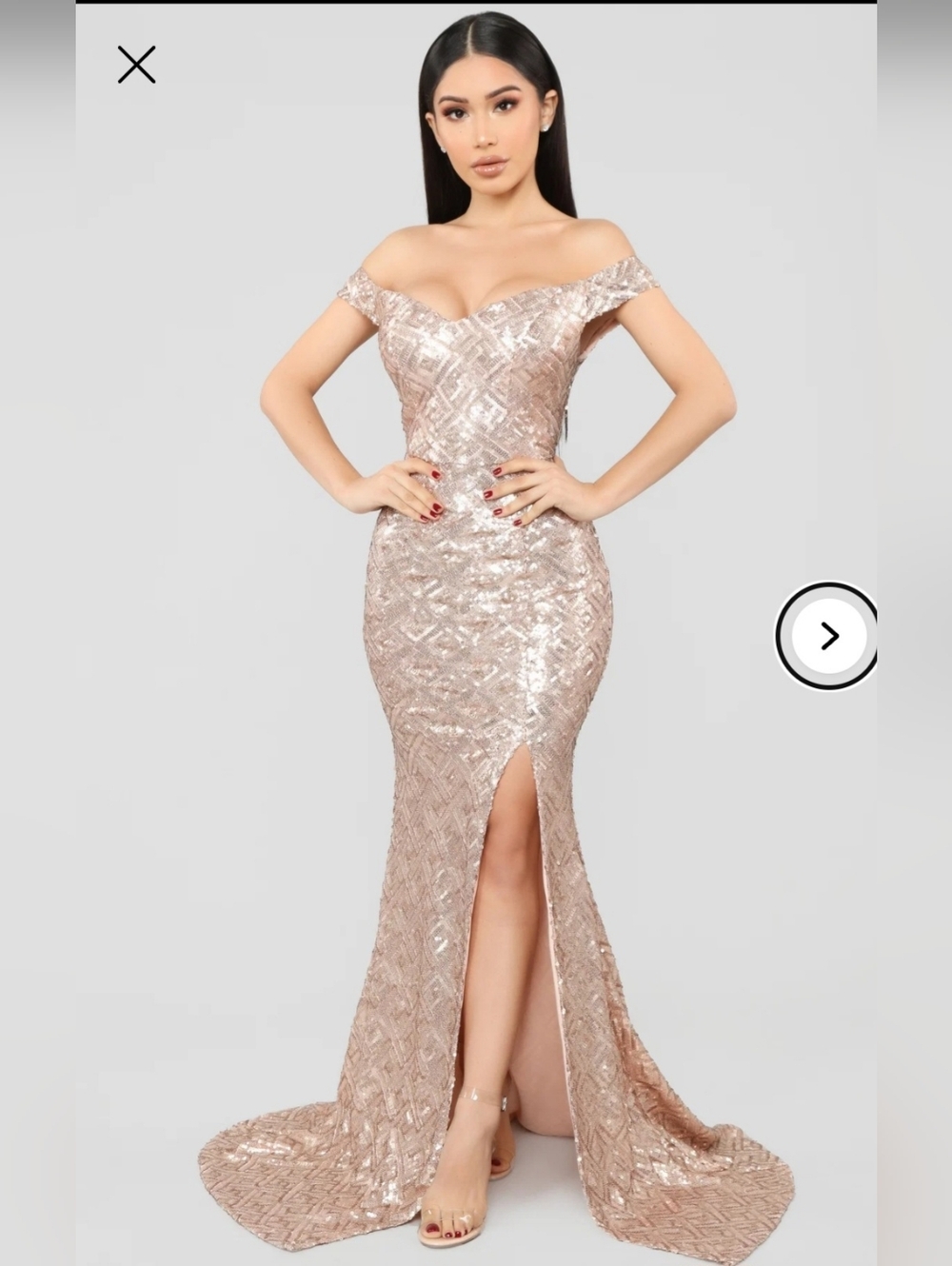 Fashion Nova Off-Shoulder Sequin Maxi Gown in Rose Gold